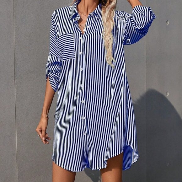 Navy Blue Casual Women's Striped Rolled Sleeve Shirt Dress - Picture 5 of 5
